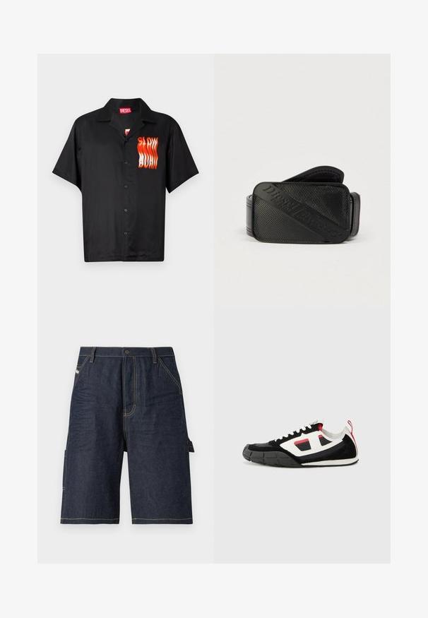Zwarte T-shirt met korte mouwen van gladde stof, voorzien van een rood en oranje "SLOW BURN" graphic aan de linkerkant en een klassieke kraag.; Donkerblauwe denim shorts met een rechte snit, vijf zakken, gele stiksels en een zijzak voor extra functionaliteit.; Diesel S PAGODHA LOW - Sneakers laag - black; Zwarte riem met een gestructureerd ontwerp en een opvallend geperst logo. Het materiaal lijkt glad met een lederachtige afwerking.