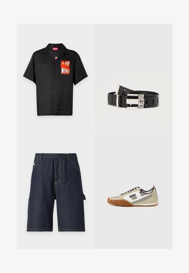 Schwarzes Kurzarmhemd aus glattem Stoff mit einem roten und orangefarbenen "SLOW BURN"-Grafik auf der linken Seite und einem klassischen Kragenstil.; Dunkelblaue Denim-Shorts mit geradem Schnitt, fünf Taschen, gelben Nähdetails und einer seitlichen Tasche für zusätzliche Funktionalität.; Athletische Sneakers mit einem beigen Obermaterial, grauen und weißen Akzenten, strukturiertem Wildleder und einer gemusterten Gummisohle. Braune Schnürsenkel und eine Zuglasche sind enthalten.; Schwarzer Ledergürtel mit silberner Metallschließe, auf der das Wort "DIESEL" zu sehen ist. Der Gürtel verfügt über mehrere Einstelllöcher entlang seiner Länge.