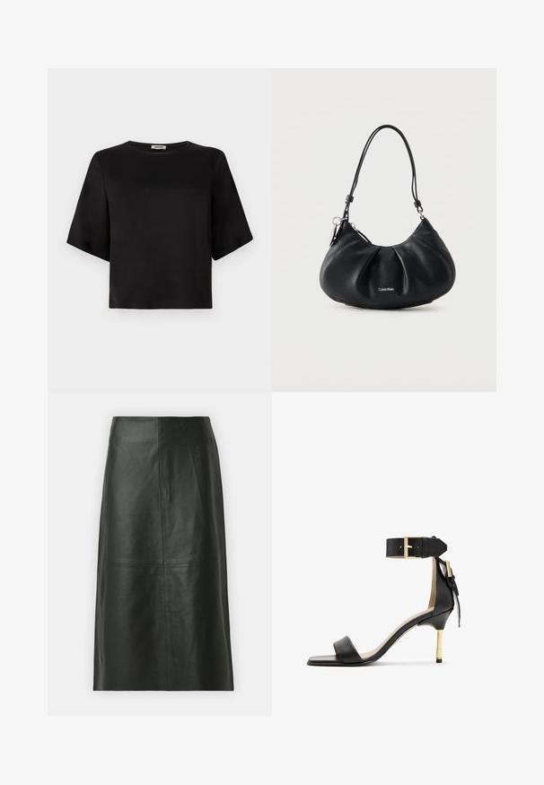 Zwarte, kortekappen top met een ronde halslijn, gemaakt van een gladde stof. Het ontwerp heeft een boxy silhouet en een nette afwerking.; Zwarte leren midi-rok met een rechte snit. Gladde textuur, minimale naden en een nauwsluitende tailleband. Geen zichtbare zakken of extra details.; Zwarte leren sandalen met hak en vierkante neus, enkelband met een gouden gesp en een slanke metalen hak. Soepele textuur, minimalistisch ontwerp.; Zwarte schoudertas van korrelig leer met geplooide voorkant, verstelbare band, zilverkleurige rits en een klein Calvin Klein-logo gecentreerd op de voorkant.