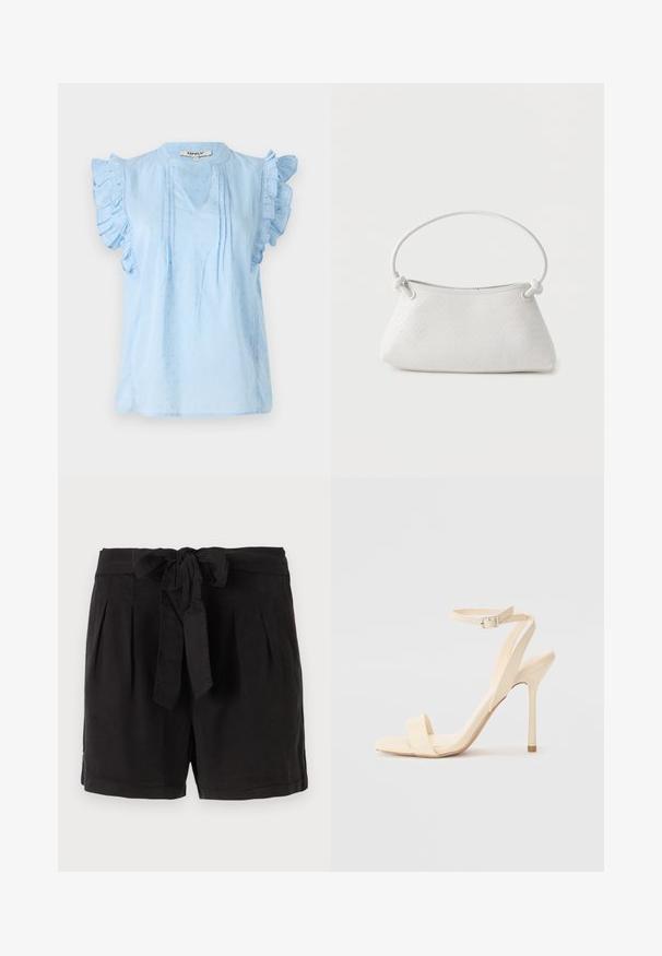 Helle blaue Bluse mit Rüschensleeves, V-Ausschnitt, strukturiertem Muster und Paspelverzierungen an der Front. Aus weichem Stoff gefertigt.; Schwarze Baumwollshorts mit einem Bindegürtel in der Taille, Falten an der Vorderseite und Seitentaschen. Glatte Textur und lässiges Design.; Beige High Heel Sandale mit einem schmalen Knöchelriemen und quadratförmiger Zehenpartie. Glattes synthetisches Material, minimalistisches Design und Pfennigabsatz.; Weiße gewebte Lederhandtasche mit abgerundetem Griff und verknoteten Riemenenden, vor schlichtem Hintergrund präsentiert.
