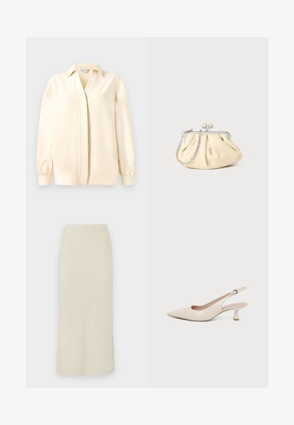 Blouse à manches longues couleur crème avec col, présentant un décolleté en V, une texture douce et des poignets froncés. Ourlet droit avec de subtils détails de couture.; Jupe crayon couleur crème, longueur genou, en tissu doux et texturé avec une taille haute.; Chaussure slingback couleur crème à bout pointu avec un petit talon bas incurvé et une bride réglable à boucle.; Pochette en cuir beige plissé avec un cadre en métal argenté, dotée de deux fermoirs ronds décoratifs et d'une chaîne en argent.