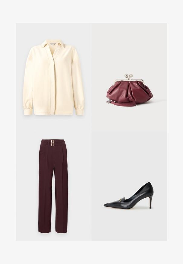 Blouse à manches longues couleur crème avec col, présentant un décolleté en V, une texture douce et des poignets froncés. Ourlet droit avec de subtils détails de couture.; Pantalon taille haute de couleur bordeaux foncé avec deux sangles à boucle dorée en haut et une coupe droite.; Escarpin en cuir noir avec un bout pointu, un décolleté bas et un ornement doré décoratif. Doté d'un talon aiguille et d'une texture lisse.; Petite pochette en cuir bordeaux avec fermoir en métal argenté et bracelet pour poignet sur fond blanc.