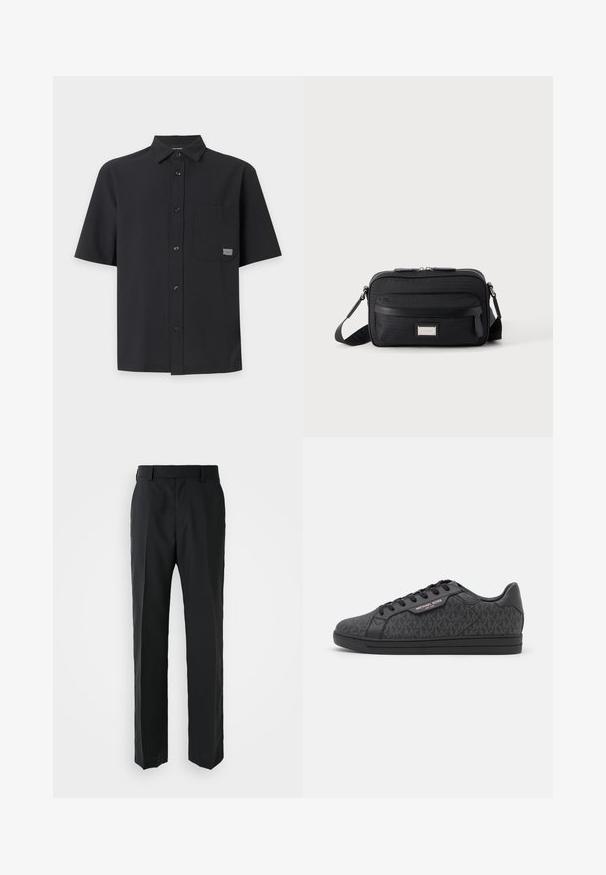 Sort kortærmet skjorte med knapper, krave og brystlomme med et lille rektangulært logo-patch.; Sorte bukser med lige ben-design, lavet af glat stof. Har en flad talje og ingen synlige mønstre eller udsmykninger.; Sorte sneakers med en tekstureret stofoverdel med et subtilt MK-mønster, sorte læderdetaljer og en sort gummisål.; Sort rektangulær crossbody-taske med front lynlåslomme, justerbar rem og sølv rektangulært logo mærke på ensfarvet baggrund.