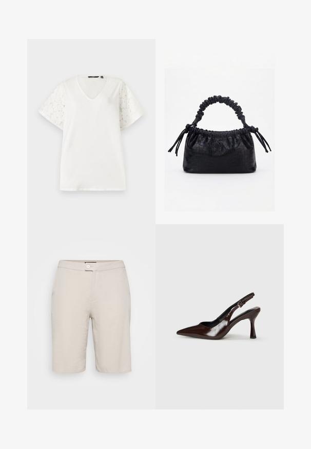 Witte blouse met korte mouwen, V-hals en mouwen met bloemmotief kantpatroon op een effen achtergrond.; Beige katoenen shorts met een knoopsluiting, twee zijzakken en een rechte pasvorm. Heeft een gladde textuur en een eenvoudig ontwerp.; Bruine gepatineerde leren slingback pumps met een spitse neus, een dunne hak en een verstelbaar bandje met een kleine gesp.; Zwarte handtas met krokodillenstructuur, geplooide bovenrand, samengevoerde handgreep en koordtassels aan elke kant tegen een witte achtergrond.