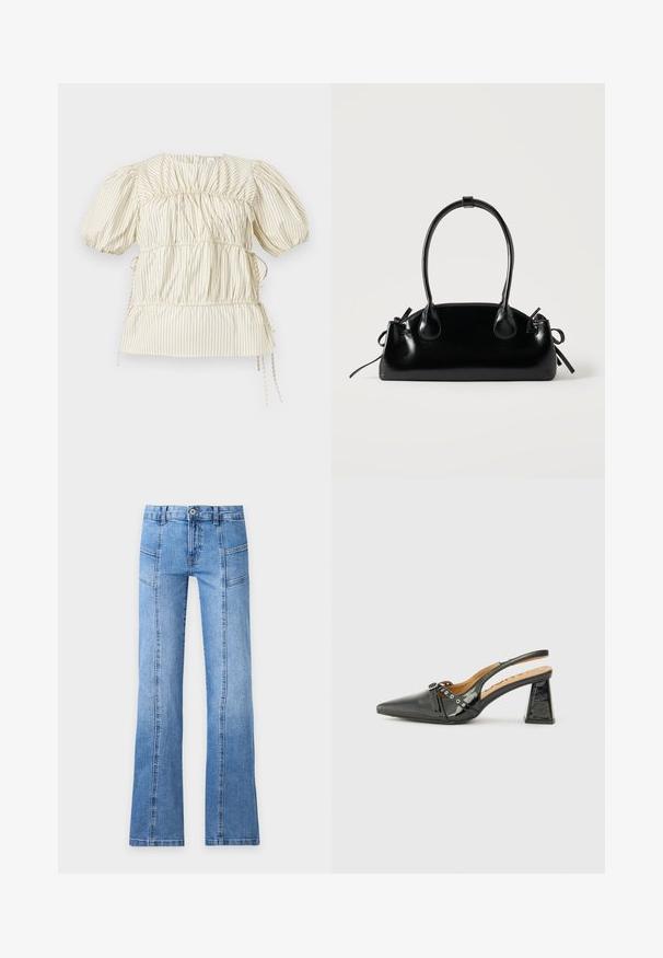 Crèmekleurige blouse met dunne verticale zwarte strepen, opgepofte korte mouwen, gerimpelde stofdetails en zijsstrikjes.; Lichtblauwe denim jeans met een hoge taille, knoop aan de voorkant, rits, naaddetails en licht uitlopende pijpen op een effen achtergrond.; Zwarte lakleren slingback schoen met een puntige neus, driehoekige hak en decoratieve band met zilveren accenten. Soepele textuur.; Kleine zwarte glanzende handtas met twee lange hengsels en zijkant trekkoord details op een effen lichte achtergrond.