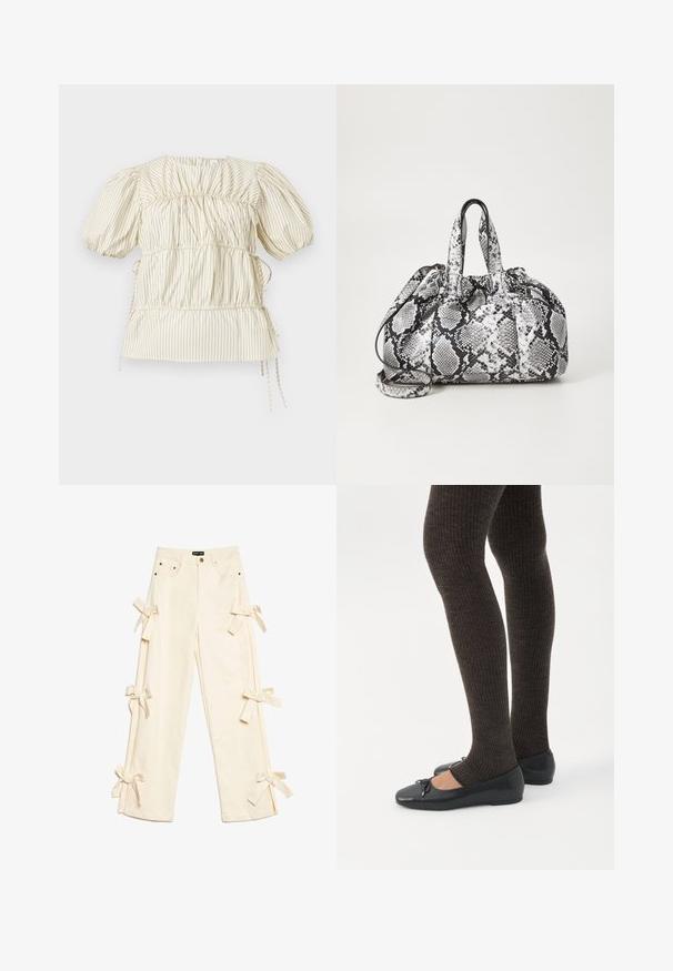 Crèmekleurige blouse met dunne verticale zwarte strepen, opgepofte korte mouwen, gerimpelde stofdetails en zijsstrikjes.; Crème wijde broek met hoge taille, vijf zakken, metalen knoop en stofstrikken die langs beide broekspijpen zijn gestrikt.; Benen met donkere geribbelde leggings gecombineerd met zwarte ballerina's met kleine strikdetails op een witte achtergrond.; Zwart-wit handtas met slangenhuidpatroon, voorzien van twee handvaten, een trekkoordsluiting en een afneembare schouderriem. Hanteert een gladde textuur.