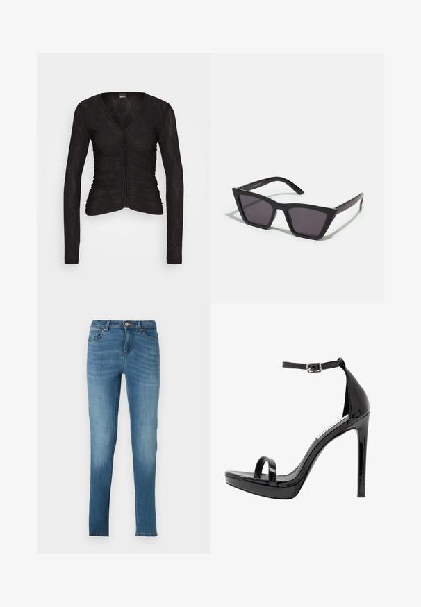 Gina Tricot LEXIE - Pikkade varrukatega topp - black; Kitsad teksad heledast sinisest denimist, millel on kulunud efekt, viis taskut, metallne nööbid ja peened õmbluse detailid. Sirged säärtega.; Steve Madden MILANO - Kõrge kontsaga sandaalid - black; Mustad mustrakellad, millel on hallid šabloonid; valmistatud plastist, paksude ja siledate kätega, ilma nähtava riistvarata.