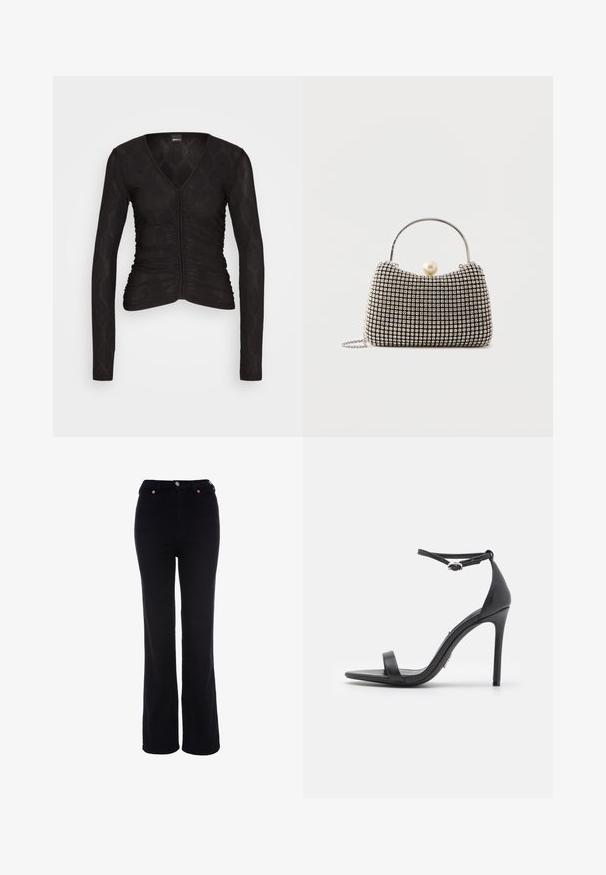 Gina Tricot LEXIE - Longsleeve - black; Zwarte, hooggetailleerde rechte broek met knoop- en ritssluiting, riemlussen en voorzakken.; Zwarte hoge hakken sandalen met een open teen, dunne banden en een enkelsluiting. Gladde leren textuur met een puntige neus.; Kleine handtas met zilverkleurig rasterpatroon, gebogen handvat, grote parel sluiting en een dunne zilveren kettingriem op een effen achtergrond.