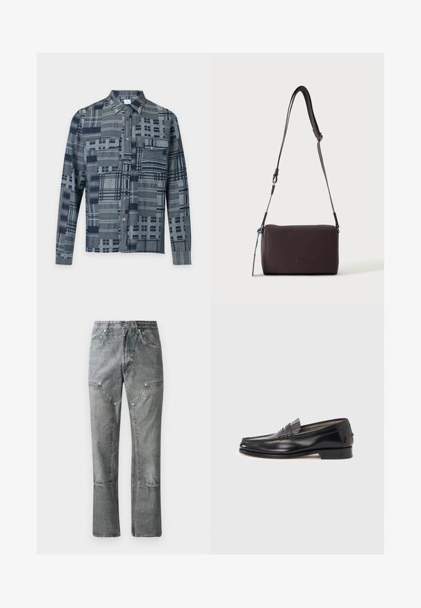 Chemise à manches longues avec boutons, motif patchwork à carreaux gris et bleu foncé, avec deux poches poitrine boutonnées.; Jean en denim gris à coupe droite, avec poches avant, coutures visibles et finition décolorée. Le matériau a une texture lisse.; Mocassins en cuir noir avec un design de style mocassin, présentant une bande décorative et un détail de couture sur le dessus. Talon bloc bas.; Sac bandoulière en cuir marron foncé texturé avec une sangle réglable et un petit accent décoratif bleu sur le côté.