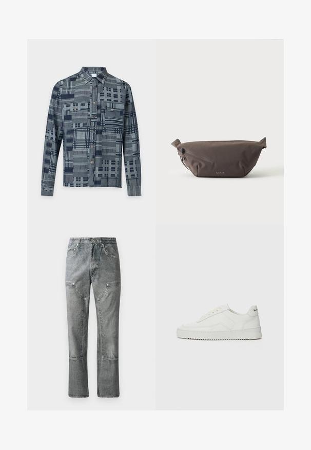Langärmliges Hemd mit Knopfleiste, grauem und dunkelblauem Patchwork-Karomuster und zwei aufgesetzten Brusttaschen mit Knöpfen.; Graue Denim-Jeans mit geradem Schnitt, ausgestattet mit Fronttaschen, sichtbaren Nähten und einem verwaschenen Finish. Das Material hat eine glatte Textur.; Weiße Ledersneaker mit glatter Oberfläche, runder Zehenpartie, flachen Schnürsenkeln und strukturiertem Sohlenprofil. Mit einem dezenten Logo an der Ferse.; Dunkelbraune Stoff-Gürteltasche mit diagonalem Reißverschlussfach und kleinem weißen Logo vorne, vor einem einfarbigen hellen Hintergrund.