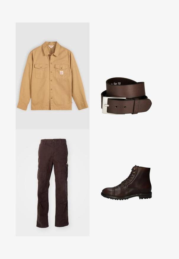 Beige Hemd mit langen Ärmeln, zwei Brusttaschen und einem kleinen Etikett. Hergestellt aus Baumwolle mit einer glatten Textur und klassischem Kragen-Design.; Braune Cargo-Hose aus robustem Baumwollstoff, mit seitlichen Taschen, einer lässigen Passform und geraden Beinen mit sichtbaren Nähten.; Dunkelbraune Leder Schnürstiefelette mit robustem Gummisohlen und Metallösen, von der Außenseite betrachtet.; Brauner Ledergürtel, glatte Textur, silberne Metallschnalle, Größe 110, mit mehreren Löchern zur Anpassung, zu einer Schlaufe gerollt.