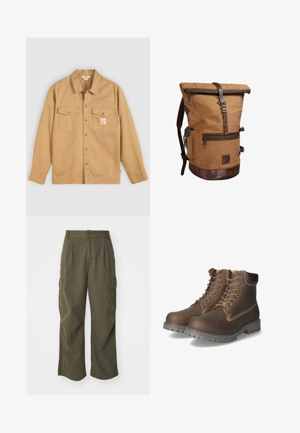 Tan knapkrave skjorte med lange ærmer, to brystlommer og et lille mærke. Lavet af bomuld med en blød tekstur og klassisk kravedesign.; Cargo bukser i olivengrøn, lavet af bomuld, med et bredt ben design, læg og sidelommer til praktisk anvendelse.; Brune læder ankelstøvler med snørebånd, polstret krave, kontrasterende syninger og slidstærk gummisål med skridsikre mønstre.; Brun lærred rulle-top rygsæk med læderstropper, frontlynlåslomme, sidelomme og læderbund isoleret på hvid baggrund.