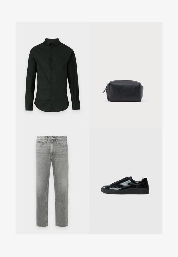 Chemise noire à manches longues en tissu lisse, avec un devant à boutons, un col classique et un ourlet arrondi sans motifs ni accents visibles.; Jean en denim gris à coupe droite, avec un design classique à cinq poches et un léger dégradé pour la texture. Fermeture éclair standard.; Baskets en cuir verni noir avec un bout arrondi, un laçage, une semelle en caoutchouc texturé et une finition lisse.; Trousse de toilette rectangulaire en cuir noir avec fermeture éclair et nom de marque embossé sur le devant, sur fond blanc uni.