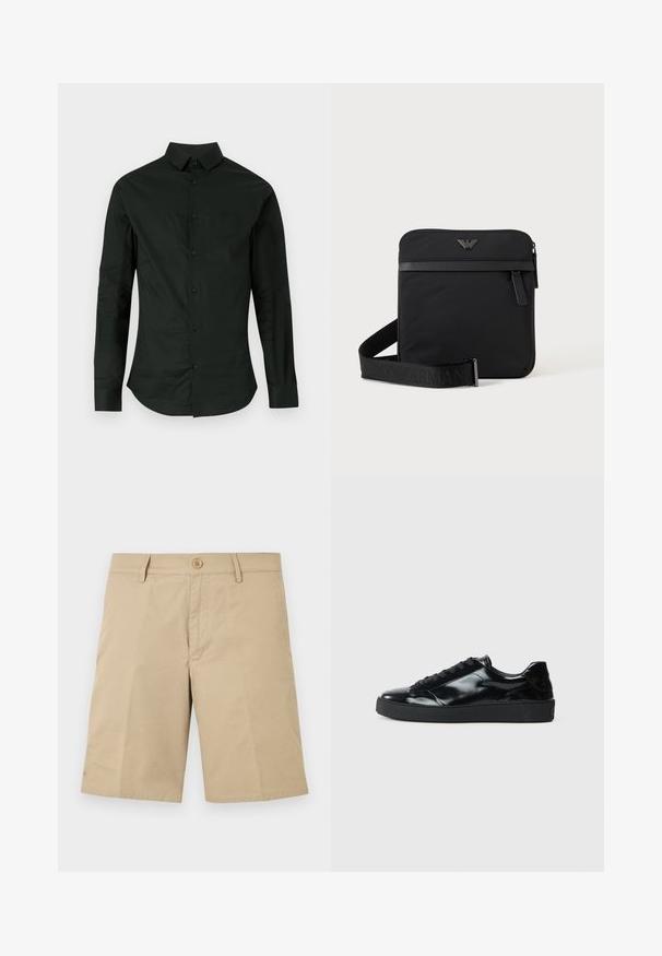 Chemise noire à manches longues en tissu lisse, avec un devant à boutons, un col classique et un ourlet arrondi sans motifs ni accents visibles.; Shorts beiges mi-cuisse avec passants de ceinture, bouton à l'avant et fermeture éclair, présentés à plat sur un fond blanc.; Baskets en cuir verni noir avec un bout arrondi, un laçage, une semelle en caoutchouc texturé et une finition lisse.; Sac bandoulière carré noir avec fermeture éclair, poche avant et sangle réglable avec nom de marque embossé.