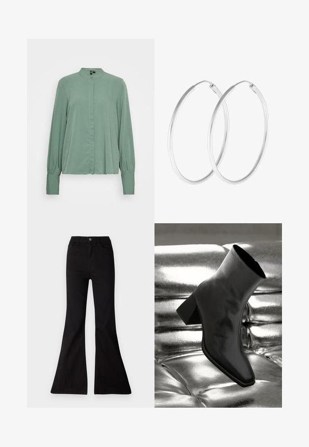 Vero Moda Tall VMOLGA - Skjortebluser - lauren wreath; Sorte flared jeans lavet af denim, med høj talje, forlommer og en stor åbning ved kanten for en vid benlængde.; Sorte ankelstøvler lavet af glossy materiale med firkantet tå og spidse hæle, sat mod en skinnende sølv tuftet baggrund.; Sølvfarvede hoop øreringe med en glat, rund form og en poleret overflade. Begge øreringe er i samme størrelse og har en sikker lukke mekanisme.