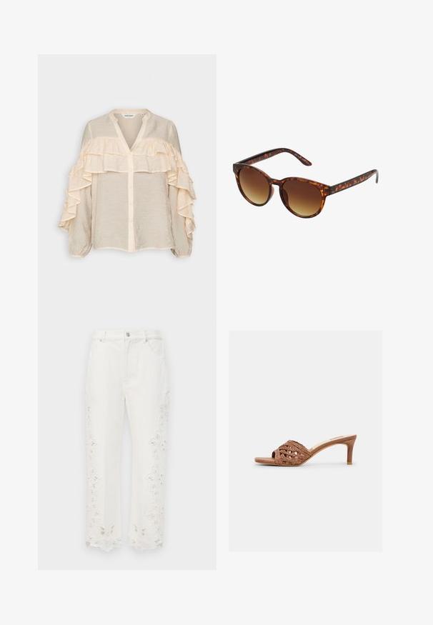 NAF NAF HOLTAIRE - Blusa - nude; Pantalones blancos cortos con detalles de corte floral a lo largo de los dobladillos. Hechos de una tela texturizada, cuentan con cinco bolsillos y un cierre de botón en la parte delantera.; Sandalia mule de cuero marrón con puntera abierta, empeine de cuero trenzado y tacón cónico de altura media sobre fondo blanco.; Gafas de sol carey con forma de ojo de gato vintage, lentes marrones degradados y un acabado suave y brillante en las monturas y los brazos.