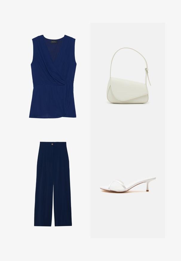 Navy blue sleeveless top with a v-neck, wrap design, and draped texture. Features an inner lining and subtle stitching details.; Navy blue wide-leg trousers made of soft material, featuring front pleats, a button closure, and two side pockets.; White open-toe mule with a slim clear strap across the front and a low kitten heel on a plain surface.; White faux leather handbag with a structured triangular shape, single adjustable strap, and a curve-accented flap closure.
