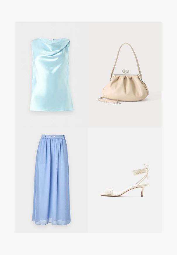 Hellblaue ärmellose Satinbluse mit drapiertem Wasserfallausschnitt, dargestellt vor weißem Hintergrund.; Hellblauer Maxirock aus transparentem Stoff mit gerafftem Bund, der silberne Knopfdetails und ein dezentes Muster aus kleinen weißen Punkten aufweist.; Sandale in Cremefarben mit niedrigem Absatz, Knöchelriemen zum Binden und breitem, verdrehtem Riemen über den Zehen auf weißem Hintergrund.; Beige weiche Lederhandtasche mit silbernem Metallrahmenverschluss, einem Schulterriemen und einem optionalen Kettenriemen auf weißem Hintergrund.