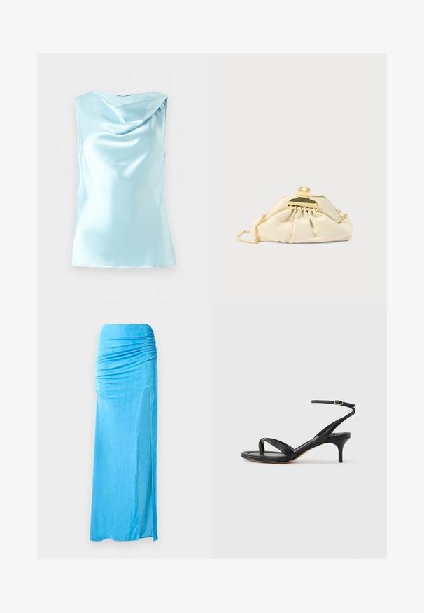 Lichtblauwe mouwloze satijnen blouse met gedrapeerde col, weergegeven op een effen witte achtergrond.; Blauwe velours maxi rok met geraffineerde details in de taille, met een zijsplit en een gladde textuur voor een vloeiende silhoeet.; Zwarte leren dames sandaal met dunne bandjes, een teengreep, een enkelgesp en een stilettohak van gemiddelde hoogte op een neutrale achtergrond.; Crèmekleurige clutch gemaakt van zacht materiaal, met een gouden sluiting en kettingriem, met een geplooid ontwerp op het lichaam.