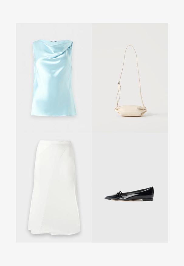 Blusa sin mangas de satén azul claro con un escote drapeado tipo cowl, mostrada sobre un fondo blanco liso.; Falda blanca de línea A con detalles de costura sutiles y una textura suave, mostrada sobre un fondo gris claro liso.; Zapato plano de charol negro con punta afilada, pequeña tira decorativa y tacón bajo. Textura suave y diseño elegante.; Bolso bandolera pequeño de cuero beige con correa ajustable, mostrado sobre un fondo claro y liso.