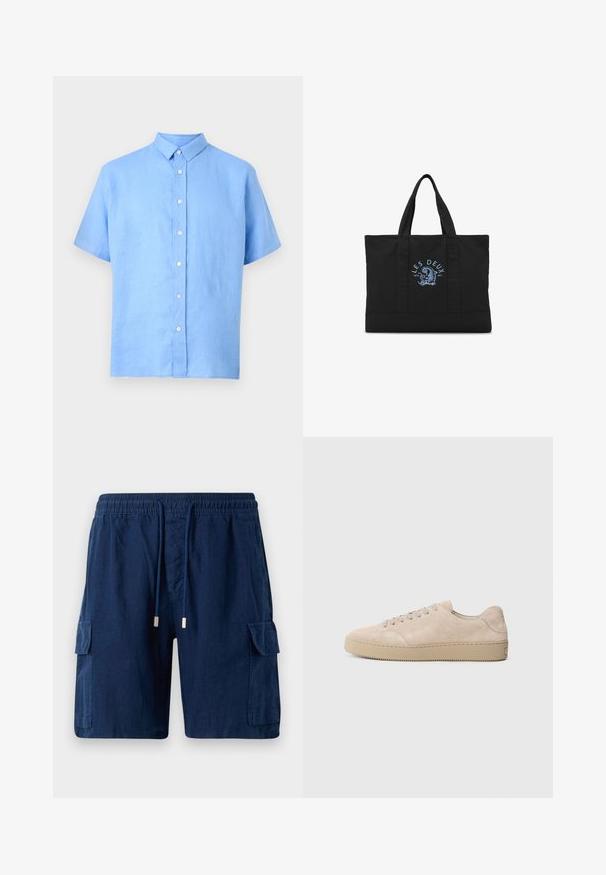 Hellblaues Kurzarmhemd mit klassischem Kragen, sieben weißen Knöpfen auf der Vorderseite und lockerer Passform.; Marineblaue Cargo-Shorts aus leichtem Material, mit einem elastischen Bund und Kordelzug, zwei Seitentaschen und einer Beintasche.; Beige Wildlederschuh mit einer runden Zehenform, flachen Schnürsenkeln und einer strukturierten Gummisohle. Minimalistisches Design mit glatten Kanten und dezenten Nähten.; Schwarze Tragetasche mit zwei Griffen und blauem Text "Les Deux" über einem blauen Grafikdesign in der vorderen Mitte.