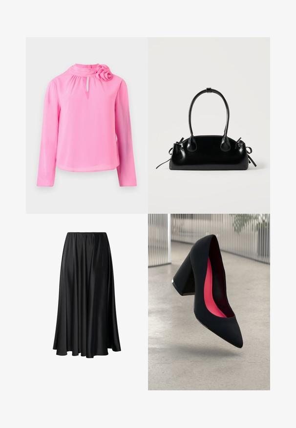 Rosa Langarmoberteil aus leichtem Stoff mit einem Stehkragen, einem Schlüssellochdetail und einem dekorativen Rosenakzent an der Schulter.; Schwarze Maxirock aus glattem Stoff, mit elastischem Taillenbund, voluminöser Silhouette und fließendem Saum ohne sichtbare Muster oder Details.; Schwarzer High-Heel-Schuh mit spitzer Kappe und strukturierter Oberseite. Innenfutter in leuchtendem Pink. Quadratischer Absatz mit metallischem Akzent an der Basis.; Kleine schwarze glänzende Handtasche mit zwei langen Griffen und seitlichen Kordelzug-Details vor einfachem hellem Hintergrund.