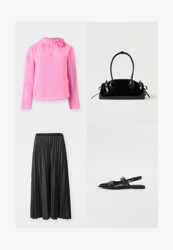 Roze lange mouw top van lichtgewicht stof met een hoge hals, sleuteldetalje en een decoratieve rozenaccent op de schouder.; Zwarte geplisseerde maxi rok met een gladde textuur en een elastische tailleband, met verticale plooien die volume en beweging creëren.; Even&Odd by Zalando Slingback ballerina´s - black; Kleine zwarte glanzende handtas met twee lange hengsels en zijkant trekkoord details op een effen lichte achtergrond.