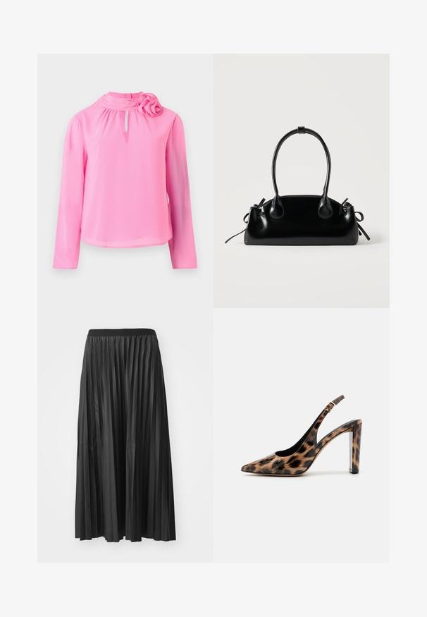 Roze lange mouw top van lichtgewicht stof met een hoge hals, sleuteldetalje en een decoratieve rozenaccent op de schouder.; Zwarte geplisseerde maxi rok met een gladde textuur en een elastische tailleband, met verticale plooien die volume en beweging creëren.; Leopardprint slingback pump met een spitse neus en een transparante blokhak. Gemaakt van glanzend materiaal met een gladde textuur.; Kleine zwarte glanzende handtas met twee lange hengsels en zijkant trekkoord details op een effen lichte achtergrond.