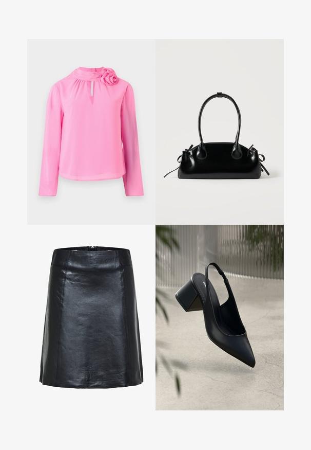 Top de manga larga rosa, hecho de una tela ligera, con cuello alto, detalle de ojal y un acento decorativo de rosa en el hombro.; Falda negra de cuero en línea A con costuras visibles y un ligero brillo, con cintura alta y bajo corto.; Zapato de tacón slingback de cuero negro con punta afilada y tacón cuadrado. Textura suave, diseño minimalista y correa ajustable en el tobillo.; Pequeño bolso negro brillante con dos asas largas y detalles de cordón lateral sobre un fondo claro liso.