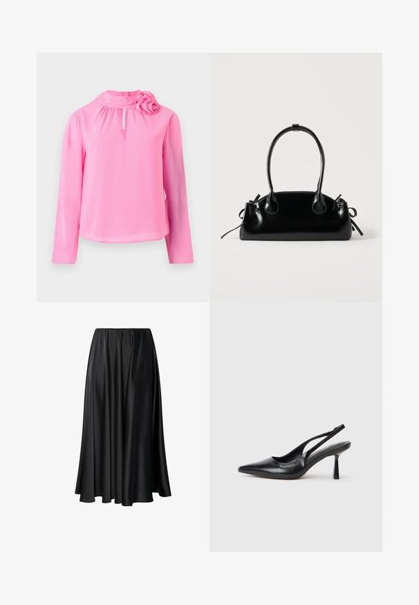 Top de manga larga rosa, hecho de una tela ligera, con cuello alto, detalle de ojal y un acento decorativo de rosa en el hombro.; Falda maxi negra de tejido suave, con una cinturilla elástica, silueta amplia y un dobladillo fluido sin patrones o detalles visibles.; Zapato de tacón alto negro de cuero con puntera afilada y tacón delgado sobre un fondo blanco.; Pequeño bolso negro brillante con dos asas largas y detalles de cordón lateral sobre un fondo claro liso.