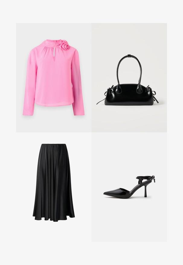Roze lange mouw top van lichtgewicht stof met een hoge hals, sleuteldetalje en een decoratieve rozenaccent op de schouder.; Zwarte maxi rok van gladde stof, met een elastische tailleband, een volle silhouet en een vloeiende zoom zonder zichtbare patronen of details.; Zwarte lakleren hoge hakken schoen met spits toelopende neus en enkelbandje achter gebonden in een knoop, afgebeeld op een effen witte achtergrond.; Kleine zwarte glanzende handtas met twee lange hengsels en zijkant trekkoord details op een effen lichte achtergrond.