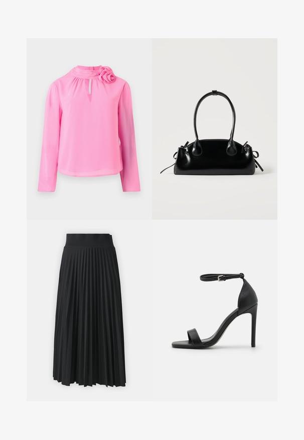 Roze lange mouw top van lichtgewicht stof met een hoge hals, sleuteldetalje en een decoratieve rozenaccent op de schouder.; Zwarte geplooide rok met een brede tailleband, gekenmerkt door uniforme verticale plooien. Soepele textuur met een vloeiend ontwerp.; Zwarte sandalen met hoge hakken, met een slank ontwerp, voorzien van een enkelbandje, open teen en een gladde leren textuur.; Kleine zwarte glanzende handtas met twee lange hengsels en zijkant trekkoord details op een effen lichte achtergrond.