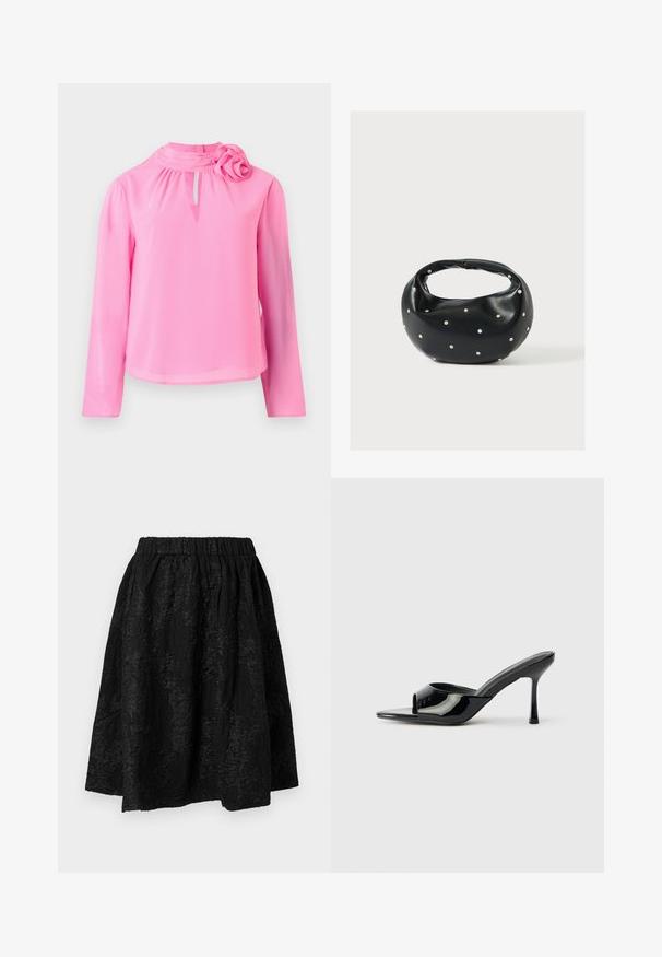 Top de manga larga rosa, hecho de una tela ligera, con cuello alto, detalle de ojal y un acento decorativo de rosa en el hombro.; Falda negra con cintura elástica, con patrones florales texturizados. La tela parece ligera y ligeramente arrugada.; Mules de charol negro con punta abierta, una tira estrecha y tacón stilettos. Textura suave y diseño minimalista con suela plana.; Bolso de mano de cuero negro con forma redondeada, decorado con detalles de tachuelas plateadas y un asa corta. Textura lisa y cierre con cremallera.