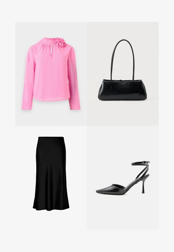Top de manga larga rosa, hecho de una tela ligera, con cuello alto, detalle de ojal y un acento decorativo de rosa en el hombro.; Falda midi de satén negro con una textura suave, dobladillo acampanado y una cinturilla ajustada, que presenta un diseño simple y clásico.; Zapato de tacón alto negro de punta fina con delgadas correas en el tobillo y cierre de hebilla plateada sobre un fondo liso claro.; Bolso de hombro rectangular negro con correas largas y delgadas y una textura lisa y brillante sobre un fondo liso.