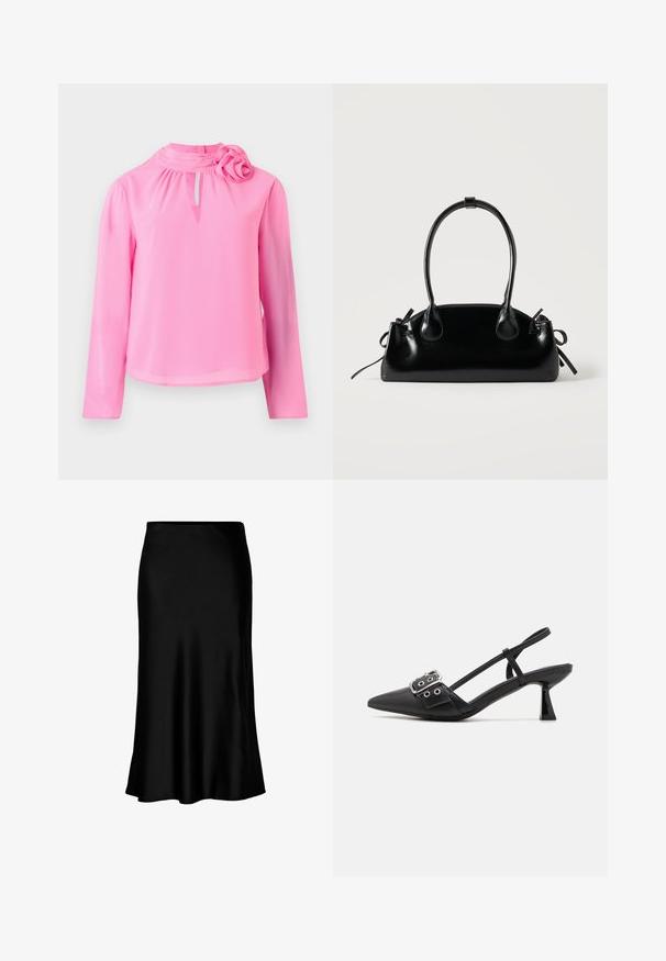 Roze lange mouw top van lichtgewicht stof met een hoge hals, sleuteldetalje en een decoratieve rozenaccent op de schouder.; Zwarte satijnen midi-rok met een gladde textuur, een uitlopende zoom en een nauwsluitende tailleband, met een eenvoudig, klassiek ontwerp.; Simmi London DALA - Klassieke pumps - black; Kleine zwarte glanzende handtas met twee lange hengsels en zijkant trekkoord details op een effen lichte achtergrond.