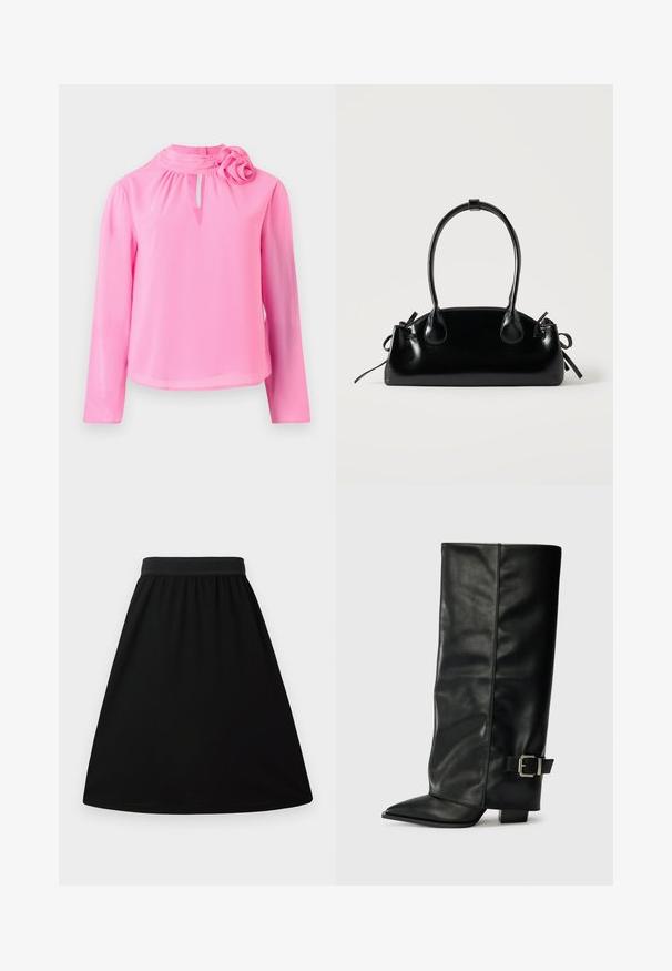 Roze lange mouw top van lichtgewicht stof met een hoge hals, sleuteldetalje en een decoratieve rozenaccent op de schouder.; Zwarte A-lijn rok met een elastische tailleband, gemaakt van een gladde, lichte stof; heeft een eenvoudig, effen ontwerp zonder patronen.; Zwarte leren enkellange laarzen met een spitse neus, een gladde textuur en een zilveren gesps Accent aan de zijkant. Stevige vierkante hak.; Kleine zwarte glanzende handtas met twee lange hengsels en zijkant trekkoord details op een effen lichte achtergrond.