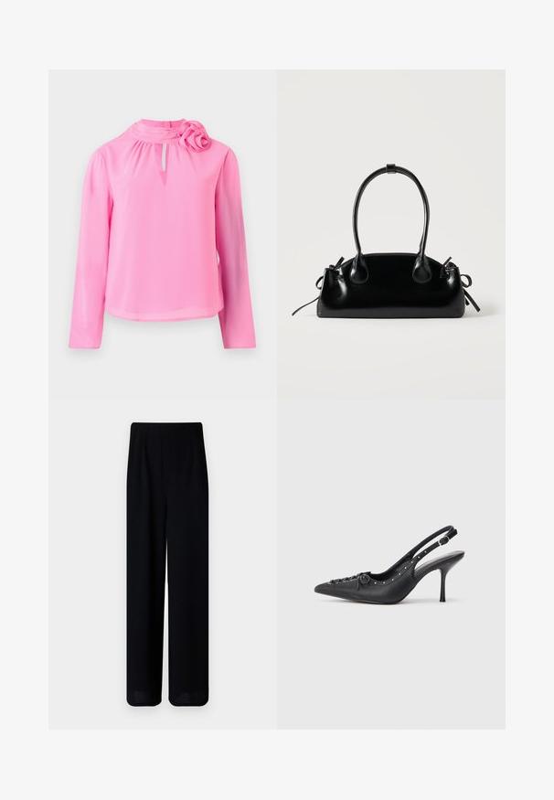 Lyserød langærmet top lavet af letvægtsstof, der har en mock neck, nøglehul detalje og en dekorativ roseaccent på skulderen.; Vero Moda Petite VMLIVA SUPER WIDE PANTS - Bukser - black; Sorte læder slingback stiletto med spids tå, side spændebånd, nitter langs kanten og dekorativ snøring foran.; Lille sort blank håndtaske med to lange håndtag og snøre-detaljer i siden på en ensfarvet lys baggrund.