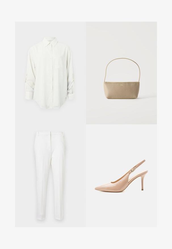 Chemise blanche à manches longues avec col, poche poitrine unique et manches retroussées. Tissu doux et lisse avec une coupe décontractée.; Pantalons blancs adaptés avec une coupe slim, présentant une texture lisse, un devant plat et des passants de ceinture. Pas de poches visibles ni de quincaillerie proéminente.; Chaussure slingback beige en cuir verni à talon haut avec bout pointu et petit détail de boucle dorée sur la bride.; Sac à main tissé beige avec fine bandoulière et petit logo doré "BOSS" à l'avant, présenté sur fond blanc uni.
