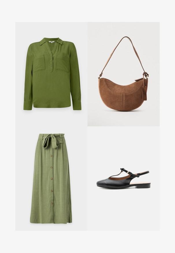 TOM TAILOR BLOUSE STRUCTURED SOLID - Μπλούζα - deep ivy green; Μακριά ελιάς φούστα με κουμπιά μπροστά και φαρδιά υφασμάτινη ζώνη δεμένη σε φιόγκο στη μέση.; Μαύρο δερμάτινο flat slingback παπούτσι με T-λαιμόκοψη και χρυσή αγκράφα σε ουδέτερο φόντο.; Καφέ σουέτ τσάντα χειρός με καμπυλωτό, ημικυκλικό σχήμα. Διαθέτει λουρί για τον ώμο, μια μικρή ετικέτα και ορατή ραφή κατά μήκος των άκρων.
