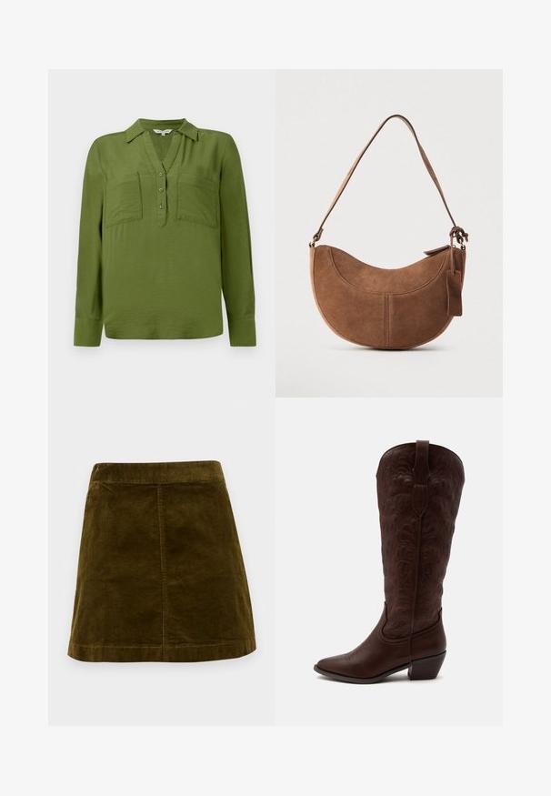 TOM TAILOR BLOUSE STRUCTURED SOLID - Bluse - deep ivy green; Brun kordfløjl mini skirt med lodrette ribber, lige snit og en ren kant. Har en simpel talje uden udsmykninger.; Høj brun læder cowboystøvle med detaljerede sømme, en spids tå og en blok hæl på en ensartet lys baggrund.; Brun ruskinds håndtaske med en buet, halvmåneformet silhuet. Har en skulderrem, et lille mærke og synlige sømme langs kanterne.
