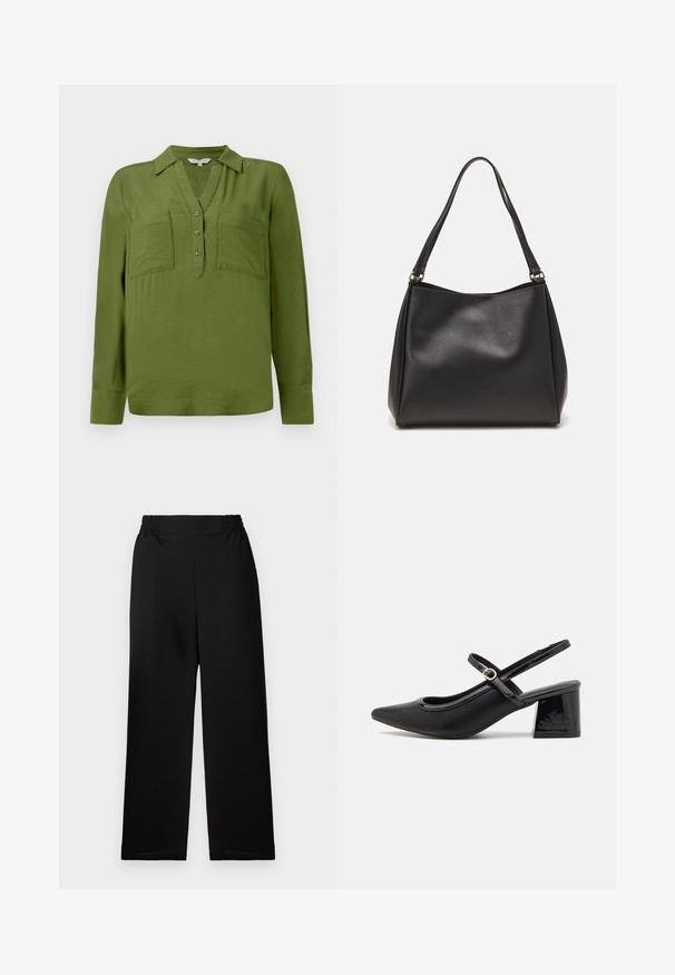 TOM TAILOR BLOUSE STRUCTURED SOLID - Blouse - deep ivy green; Zwarte plissé brede broek met een elastische tailleband. Het materiaal heeft een gestructureerde afwerking. Geen zichtbare hardware of patronen.; Zwarte gepolijste leren slingback hakken met een spitse neus, een ronde uitsnede en een blokhak. Voorzien van een gouden gespaccent.; Zwarte synthetische leren handtas met een zachte textuur, hobo-vorm en dubbele schouderbanden; heeft een glanzende afwerking en een minimalistisch ontwerp.