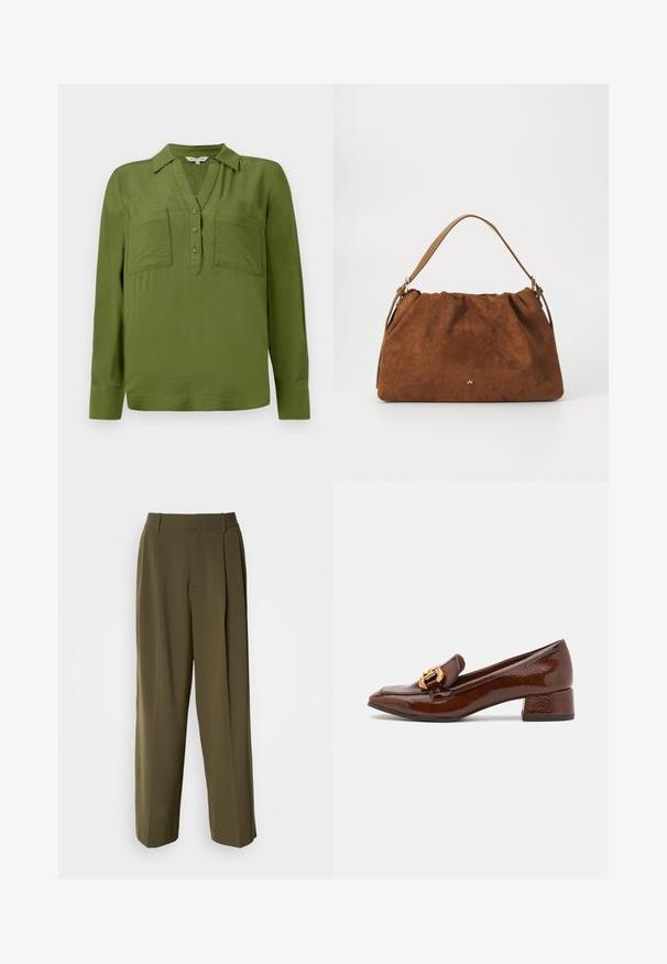 TOM TAILOR BLOUSE STRUCTURED SOLID - Blouse - deep ivy green; Pantalons à jambes larges vert olive en tissu lisse, dotés d'une taille haute, de plis sur le devant et de poches latérales pour plus de fonctionnalité.; Mocassins en cuir marron avec une finition brillante, dotés d'une boucle décorative en or à l'avant et d'un talon bas. Design classique.; Sac à main en daim marron avec un design plissé, arborant une seule sangle en cuir beige et un discret logo doré à l'avant.