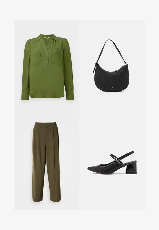 TOM TAILOR BLOUSE STRUCTURED SOLID - Blouse - deep ivy green; Olive green wide-leg trousers made from a smooth fabric, featuring a high waist, front pleats, and side pockets for functionality.; Black patent leather slingback heels with a pointed toe, a rounded cutout design, and a block heel. Features a gold-tone buckle accent.; Black leather handbag with a curved shape, textured surface, front seams, and a gold-tone logo. Features a single adjustable strap.