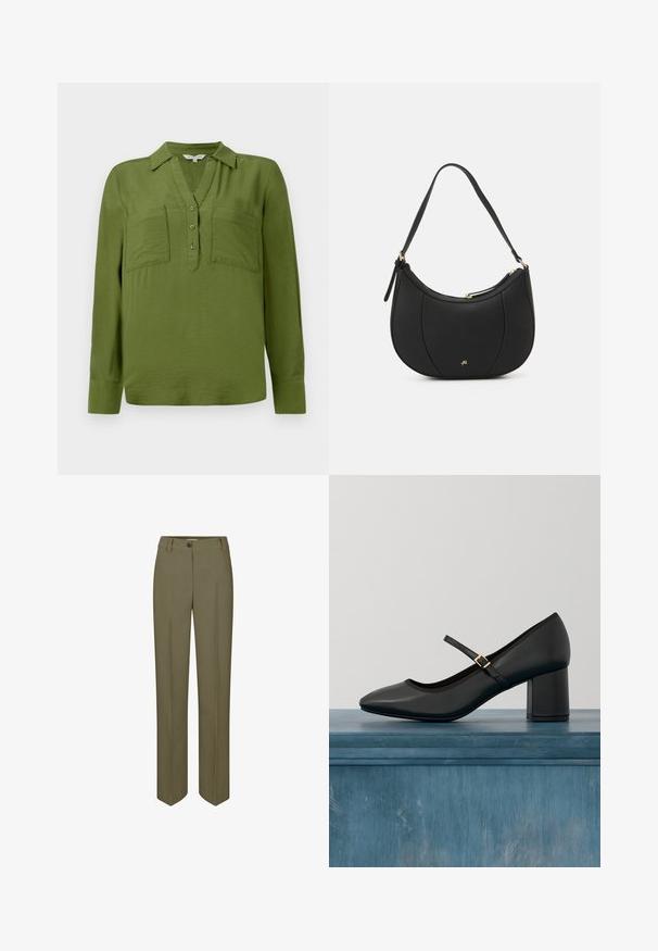 TOM TAILOR BLOUSE STRUCTURED SOLID - Blouse - deep ivy green; Pantalons ajustés vert olive avec une jambe droite, fermeture à un bouton et deux plis avant, présentant une texture lisse et tissée.; Chaussure Mary Jane noire avec talon carré et sangle à boucle dorée, flottant au-dessus d'un sol en béton lisse dans un cadre intérieur minimaliste.; Sac à main en cuir noir avec une forme courbée, surface texturée, coutures avant et un logo doré. Il est doté d'une seule sangle ajustable.