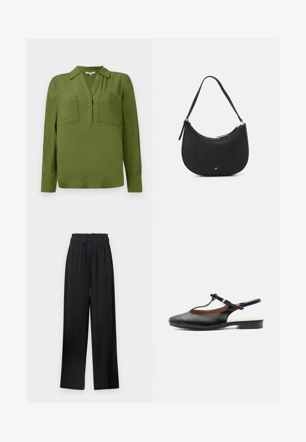 TOM TAILOR BLOUSE STRUCTURED SOLID - Blusa - deep ivy green; Pantalones de pierna ancha negros con una cinturilla elástica y cordón. Fabricados con un tejido suave sin patrones visibles ni elementos de metal.; Zapato plano slingback de cuero negro con T-correa y hebilla dorada sobre fondo neutro.; Bolso de mano de cuero negro con forma curva, superficie texturizada, costuras frontales y un logo en tono dorado. Cuenta con una sola correa ajustable.