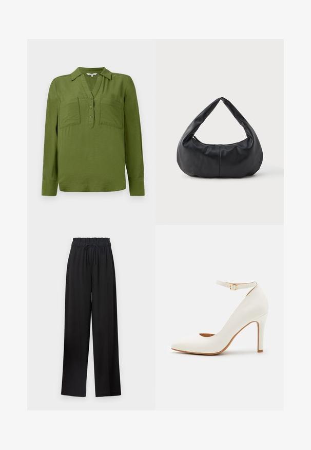 TOM TAILOR BLOUSE STRUCTURED SOLID - Bluse - deep ivy green; Schwarze weite Hose mit einem elastischen Bund und Kordelzug. Hergestellt aus einem glatten Stoff ohne sichtbare Muster oder Beschläge.; Weißes Lederhochschuh mit spitzem Zehenbereich, Knöchelriemen und schlankem Absatz. Besitzt eine glatte Textur und ein braunes Innenleben.; Schwarze, weiche Leder-Handtasche in Halbmondform mit einem dicken, gepolsterten Griff und einem Reißverschluss an der Oberseite.