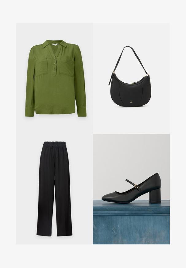 TOM TAILOR BLOUSE STRUCTURED SOLID - Bluse - deep ivy green; Sorte bredde bukser med elastisk talje og snor. Fremstillet af en glat stof uden synlige mønstre eller hardware.; Sort Mary Jane-sko med blokhæl og guldfarvet spænde, svævende over et glat betongulv i en minimalistisk indendørs setting.; Sort læderhåndtaske med en buet form, struktureret overflade, forreste syninger og et logo i guldfarve. Har en enkelt justerbar rem.