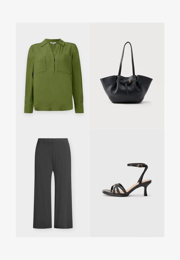 TOM TAILOR BLOUSE STRUCTURED SOLID - Pluus - deep ivy green; Mustad laia säärega püksid elastse vöökohaga, valmistatud pehmest kangast. Sile tekstuur ilma mustrite või rõhutusteta, sobivad igapäevaseks kandmiseks.; Mustad mustade kontsadega sussid, millel on mitu õhukest rihma varbad üle, üks pahkluu rihm kuldse pandlaga ja ruudukujuline varvas.; Mustast nahast kandekott pikkade sangade ja väikese kuldse pandlaga eesrihmaga, lihtsa taustaga.