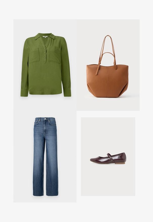 TOM TAILOR BLOUSE STRUCTURED SOLID - Pluus - deep ivy green; Sinine teksariie kõrge vöökohaga ja laia sääre lõikega. Omab klassikalist viie tasku disaini ja metallnuppude detaile.; Sädelevalt tumepunane Mary Jane tasane king, külgkinnitusega pandlaga ja madala beežika tallaga, näidatud vasakult küljelt valgel taustal.; Pruun kunstnahast käekott kahe pika sangaga, ümar kuju, nähtavad õmblused ja vertikaalne õmbluse detail. Sile tekstuur.