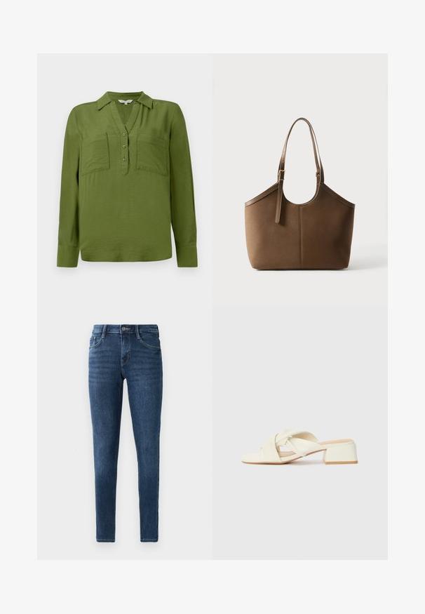 TOM TAILOR BLOUSE STRUCTURED SOLID - Blouse - deep ivy green; Donkerblauwe denim skinny jeans met een klassieke vijf-pocket ontwerp, voorzijde knoopsluiting en subtiele stiksel details. Glad textuur overal.; Roomkleurige block-heeled sandaaltjes met gedraaide bandjes en een vlakke teenbed. Glad synthetisch materiaal met een matte afwerking.; Bruine leren tote tas met verstelbare schouderriem en gouden gesp, gladde textuur, getoond tegen een effen witte achtergrond.